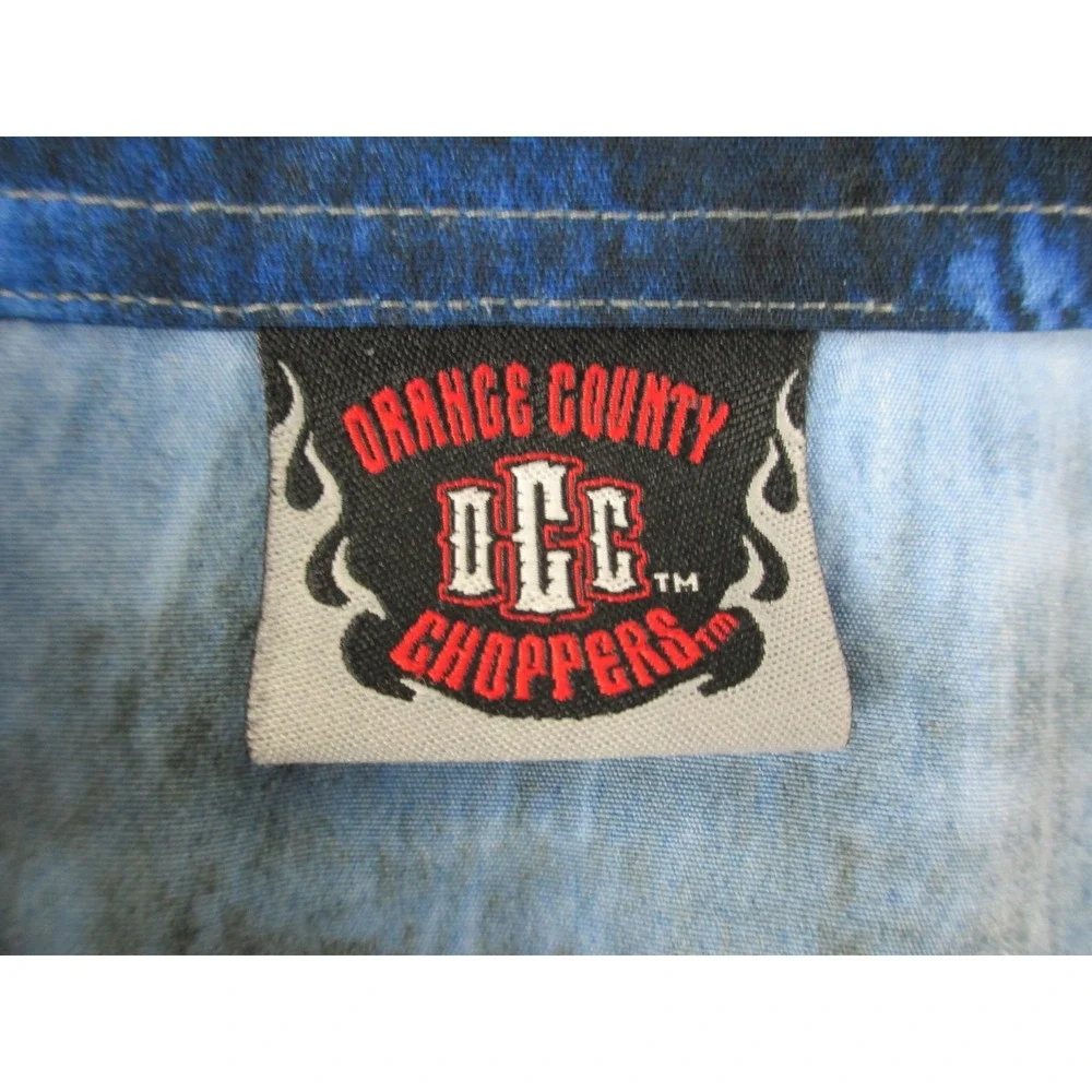 VINTAGE Orange County Choppers Shirt Mens 2XL XXL Blue All Over Print Button Up*